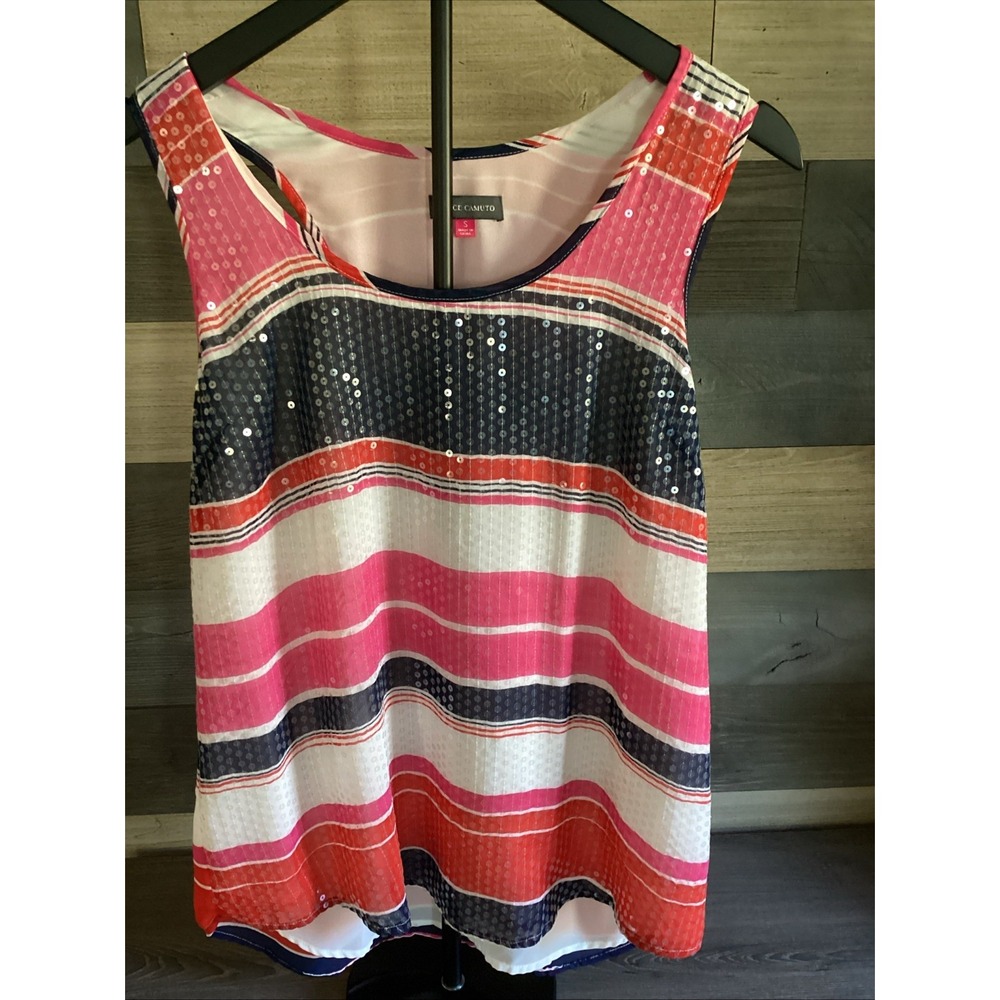 Vince Camuto St Barts Bianca Pink Striped Sequin Chiffon Tank Top Womens Small